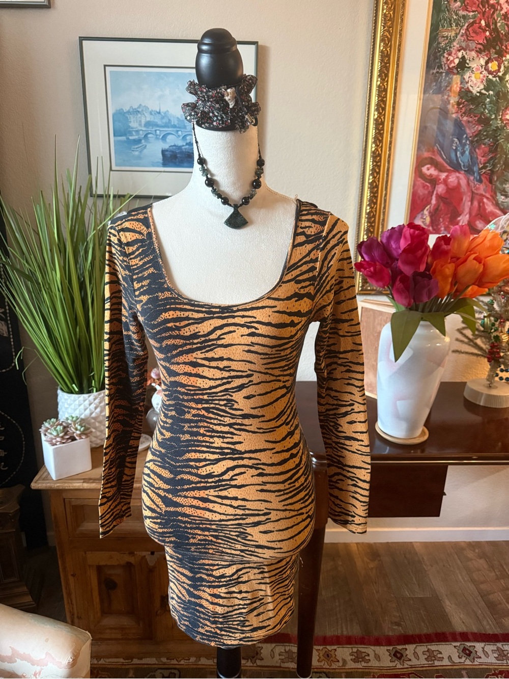 MINKPINK Tiger-Print Long Sleeve Scoop Neck Top in Orange and Black